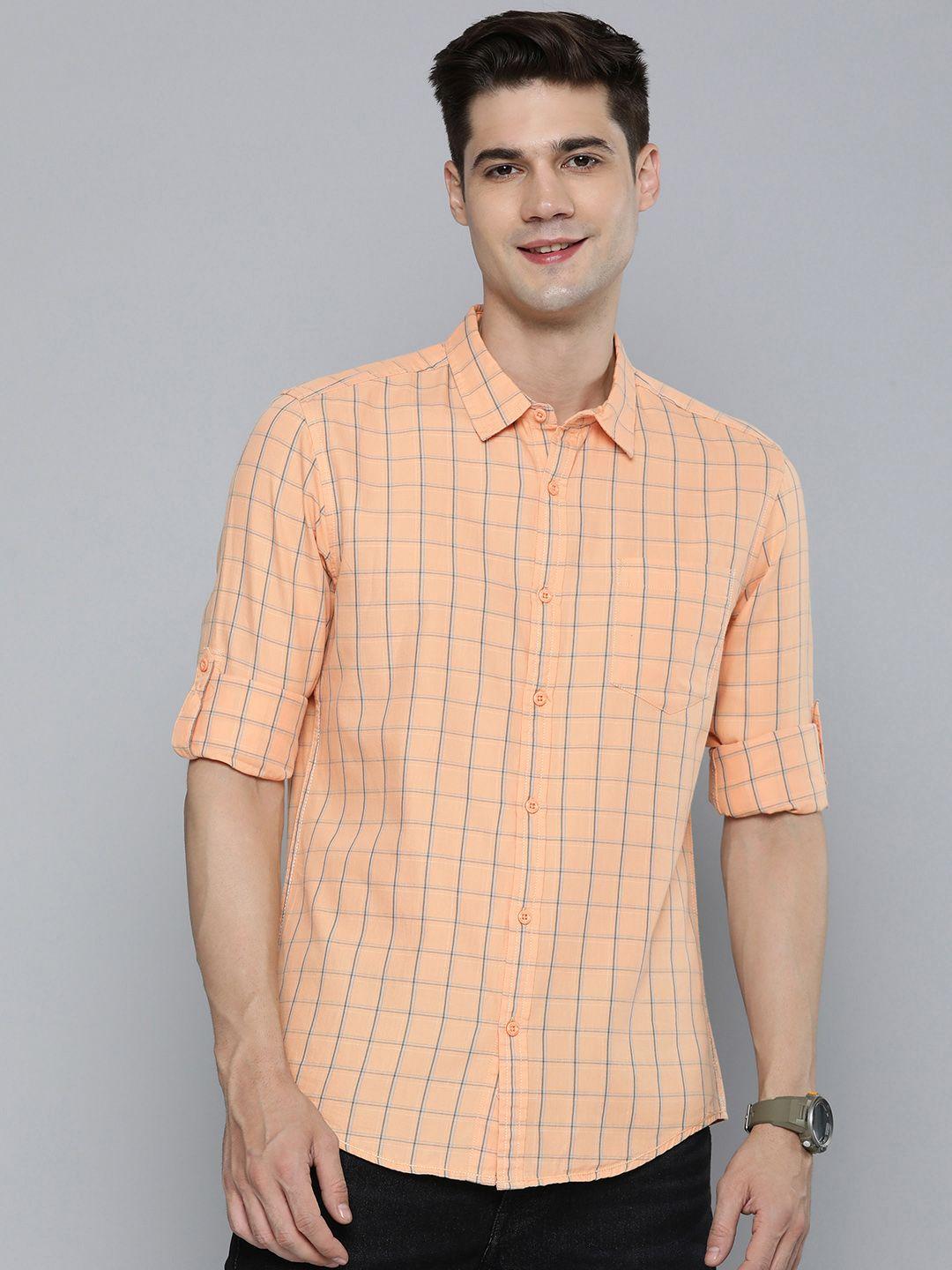 here&now pure cotton slim fit grid tattersall checked casual shirt