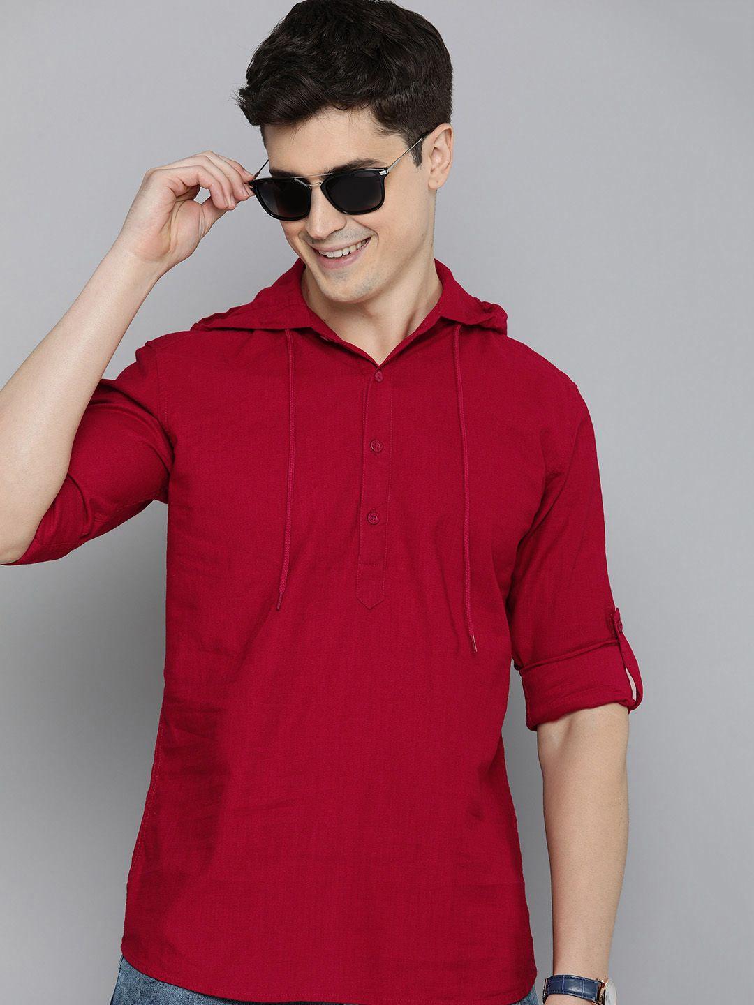 here&now pure cotton slim fit hooded casual shirt