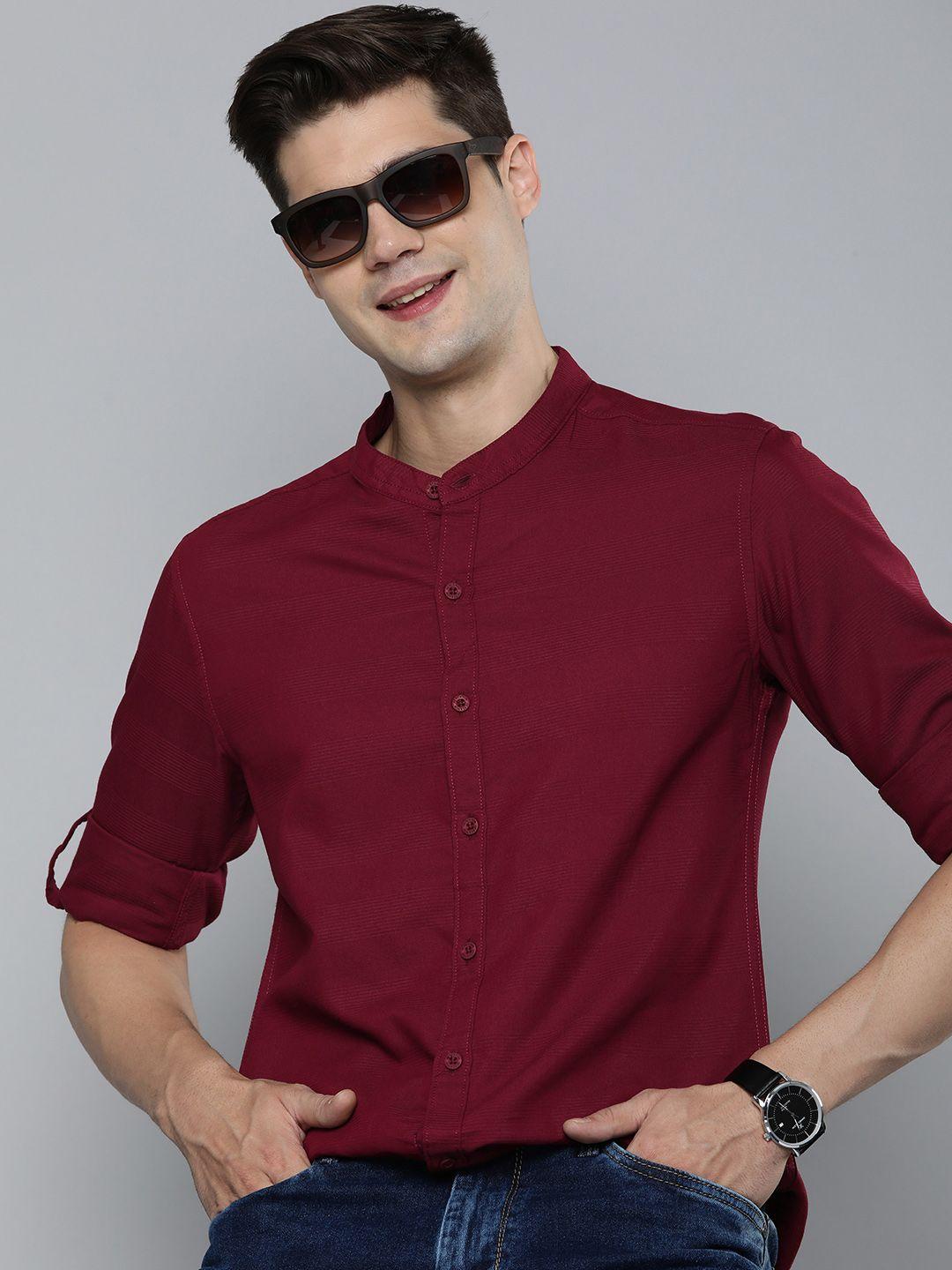 here&now pure cotton slim fit self striped opaque casual shirt