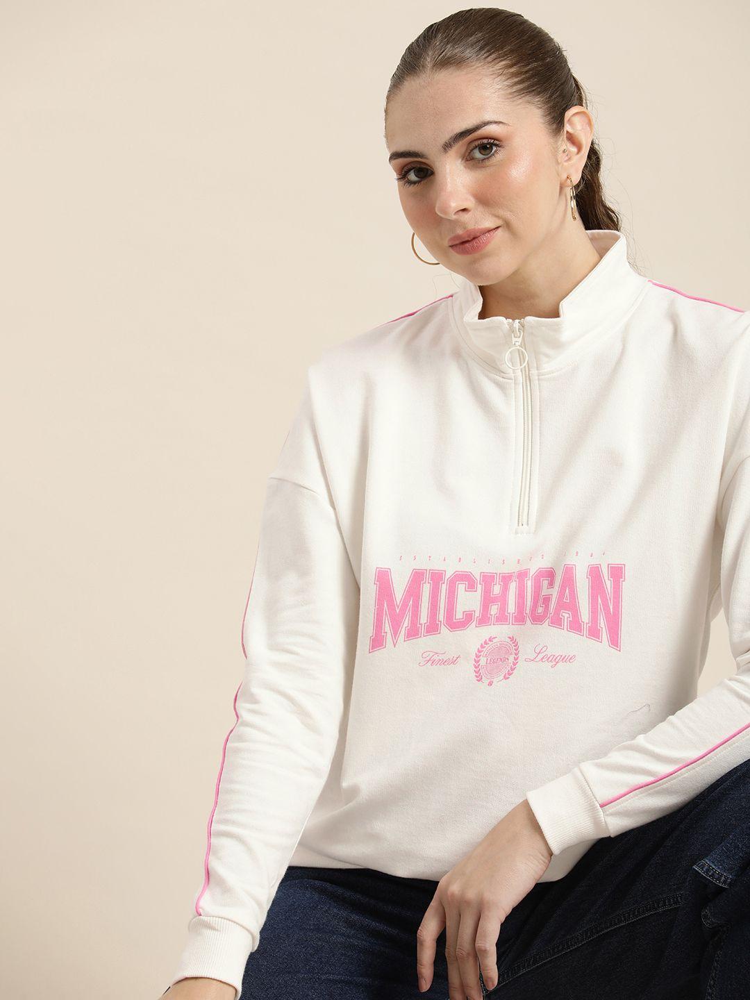 here&now pure cotton typography printed mock collar drop-shoulder sleeves sweatshirt