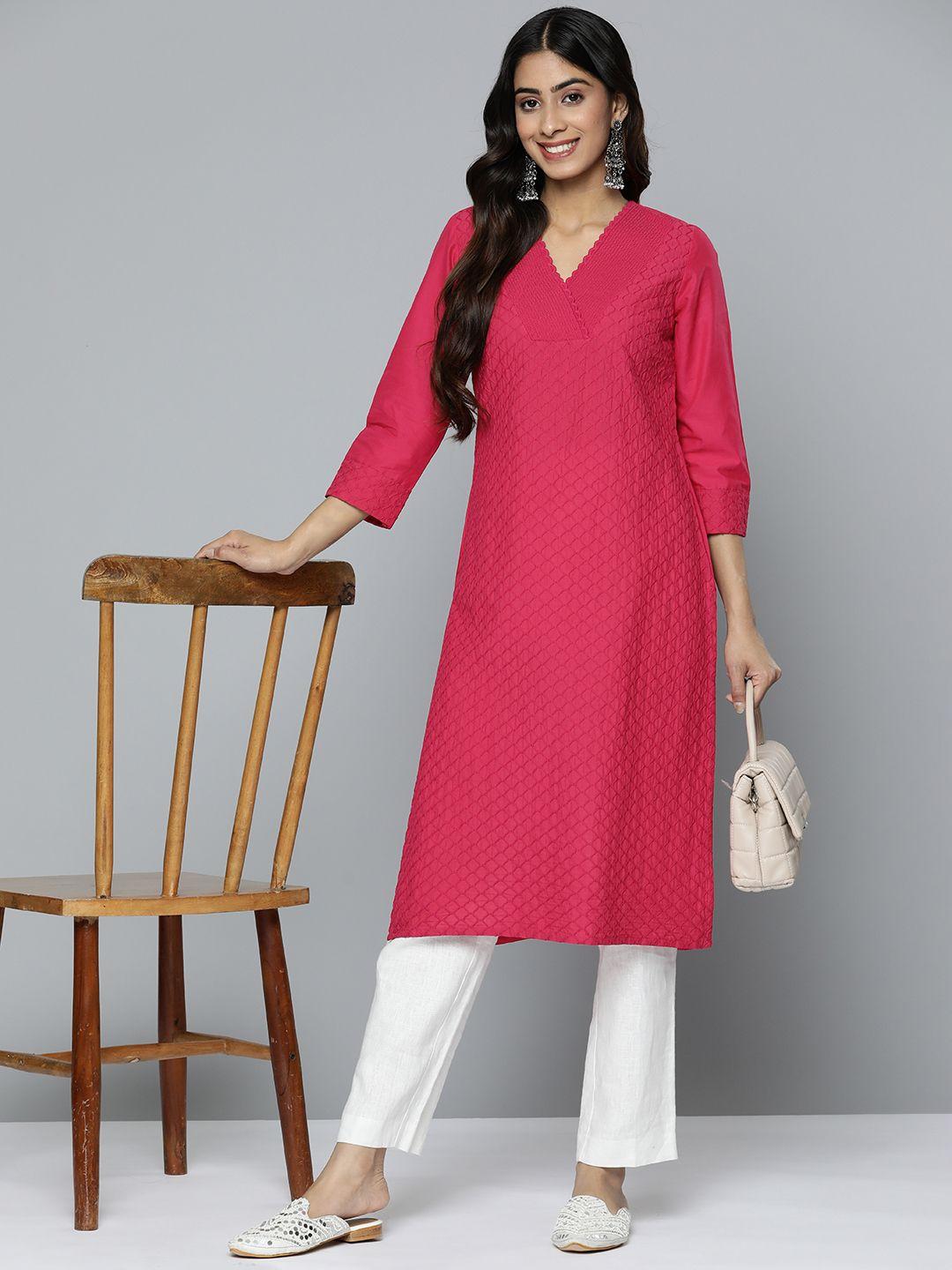 here&now pure cotton wrap styled neck thread work embroidered detail straight kurta