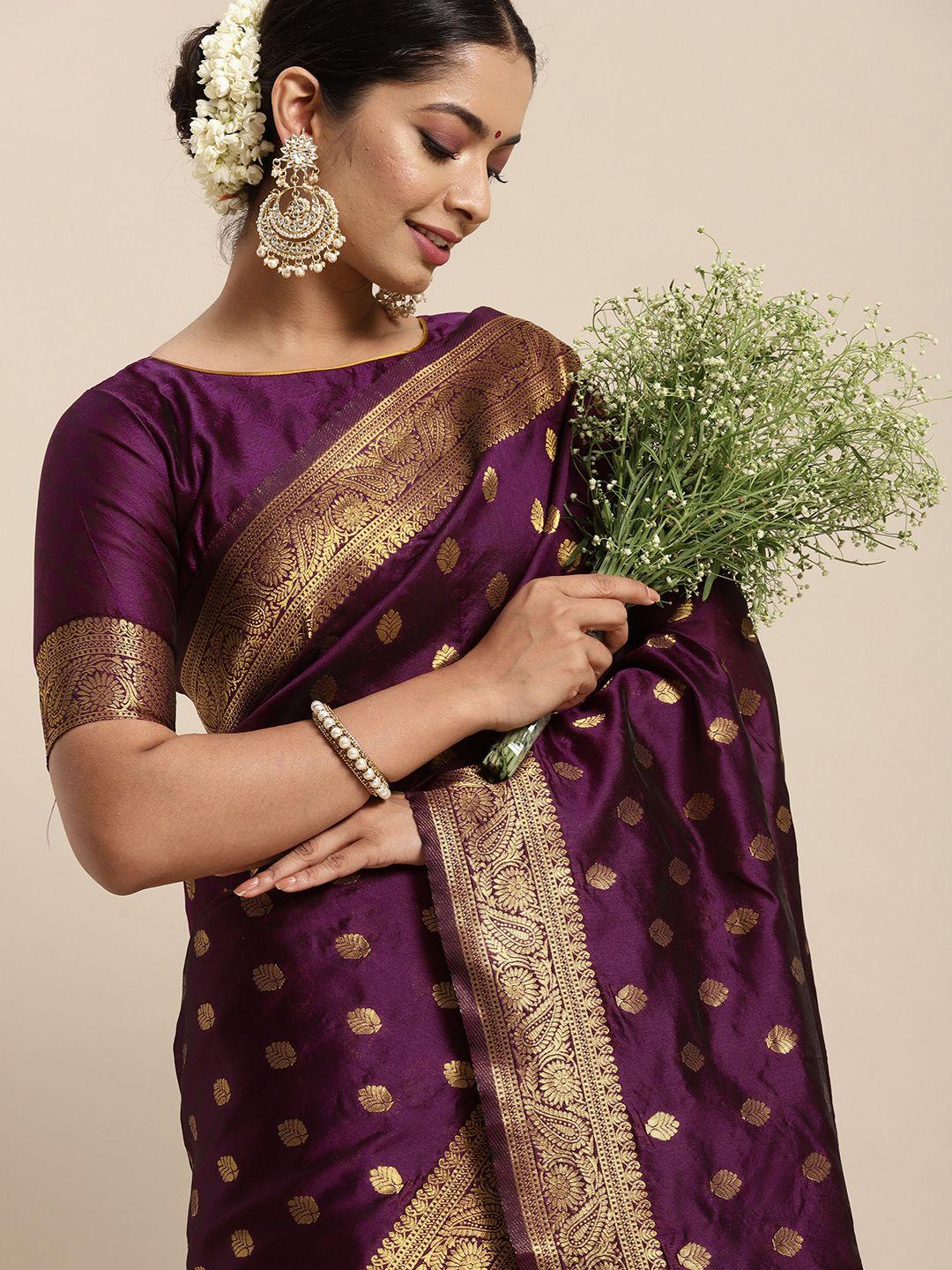 here&now purple & gold-toned woven design zari silk blend banarasi saree