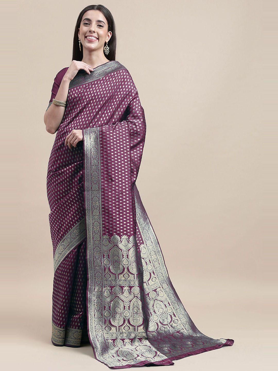 here&now purple & gold-toned woven design zari silk blend kanjeevaram saree