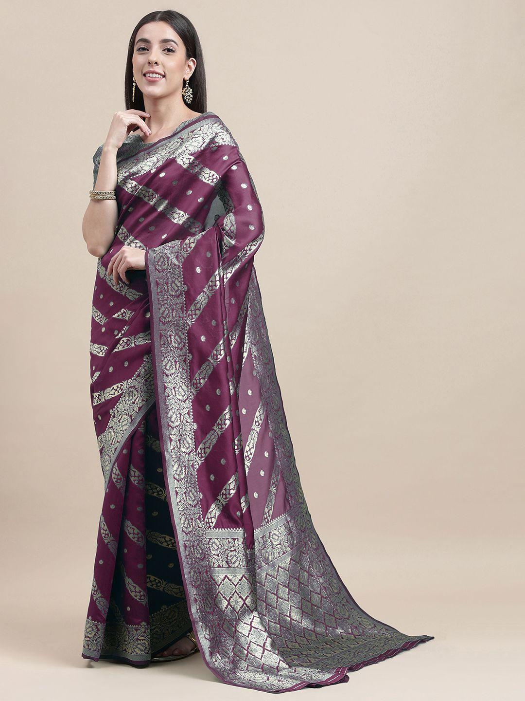 here&now purple & silver-toned woven design zari silk blend banarasi saree