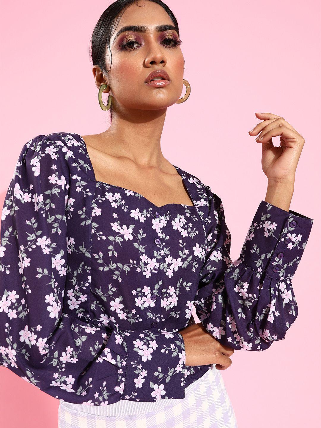 here&now purple & white floral sweetheart neck puff sleeve regular crop top