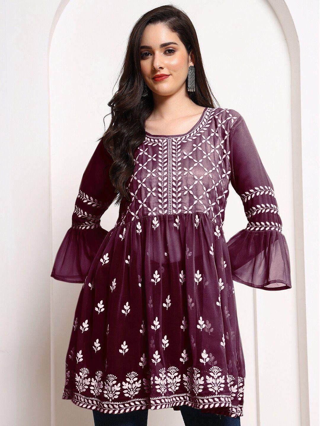 here&now purple ethnic motif embroidered bell sleeves a-line kurti