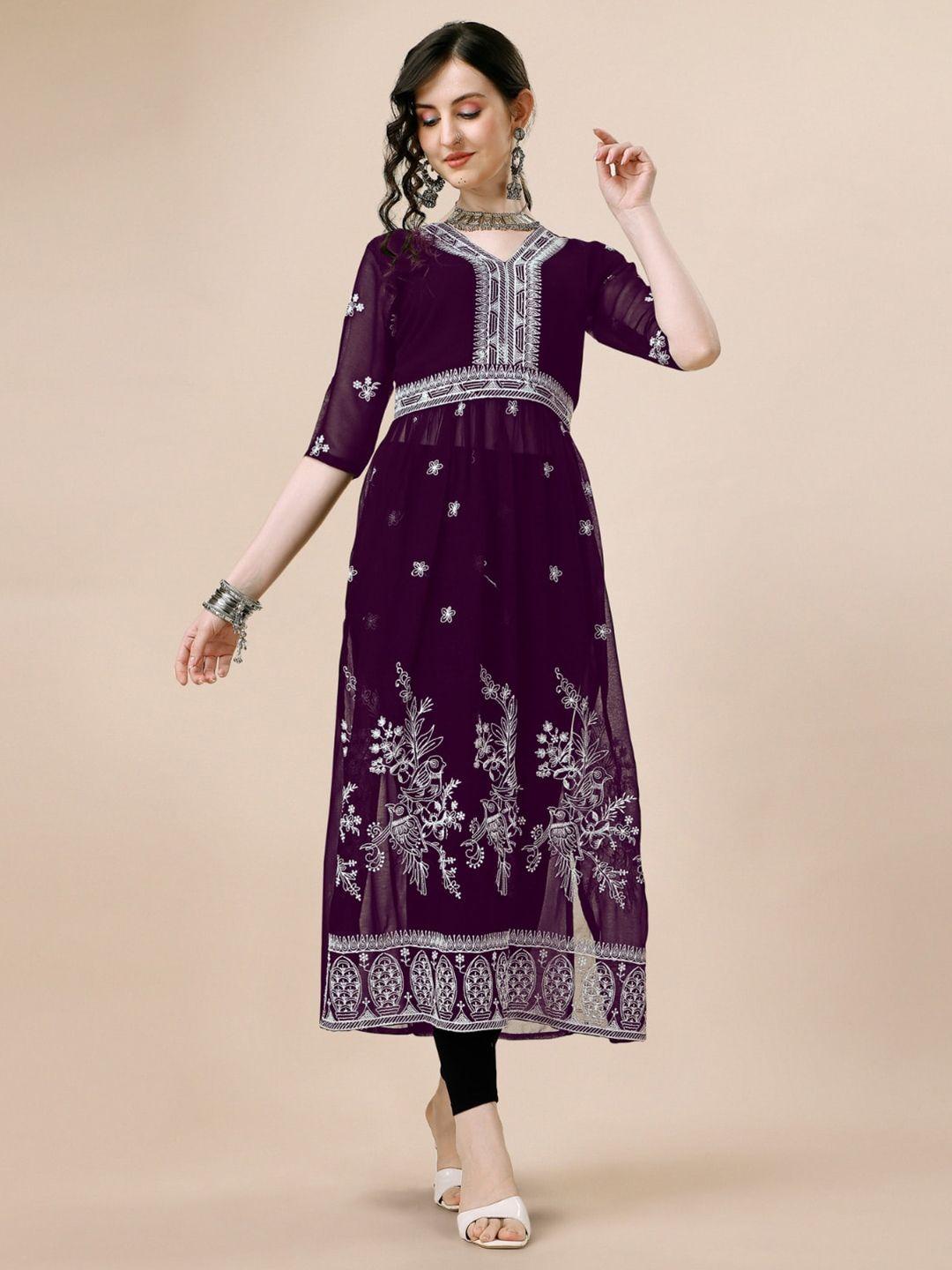 here&now purple floral embroidered v-neck straight georgette kurta