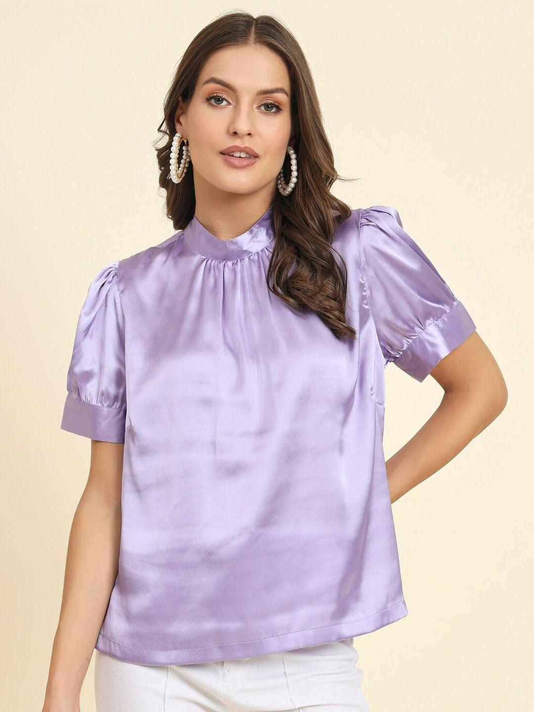 here&now purple high neck puff sleeves satin top