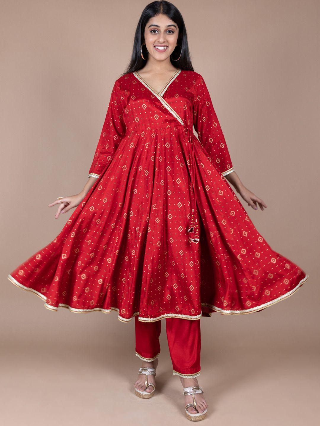 here&now red & beige ethnic motifs printed angrakha gotta patti kurta with trousers