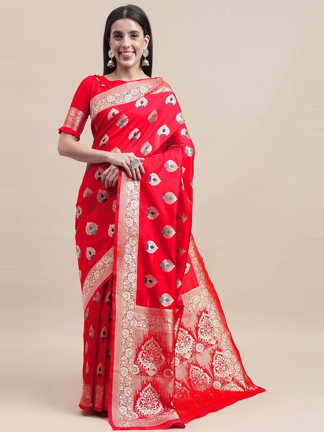 here&now red & blue woven design zari silk blend kanjeevaram saree