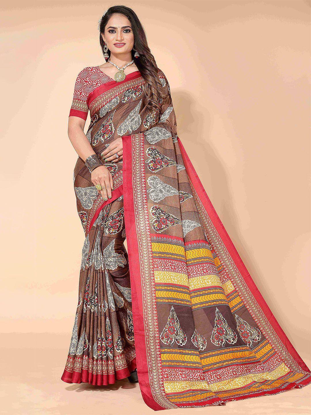 here&now red & brown ethnic motifs printed saree