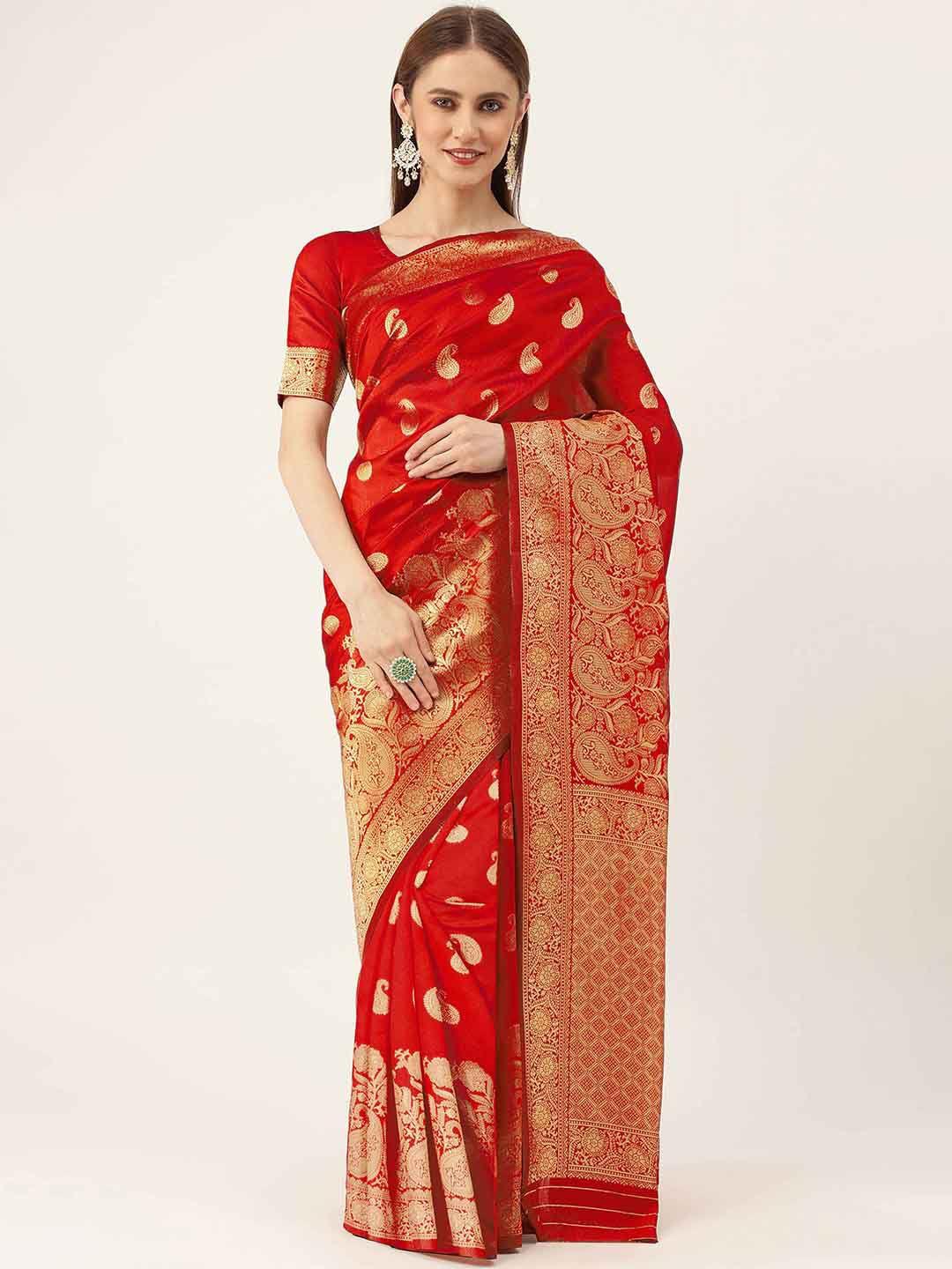 here&now red & gold-toned ethnic woven design zari banarasi saree