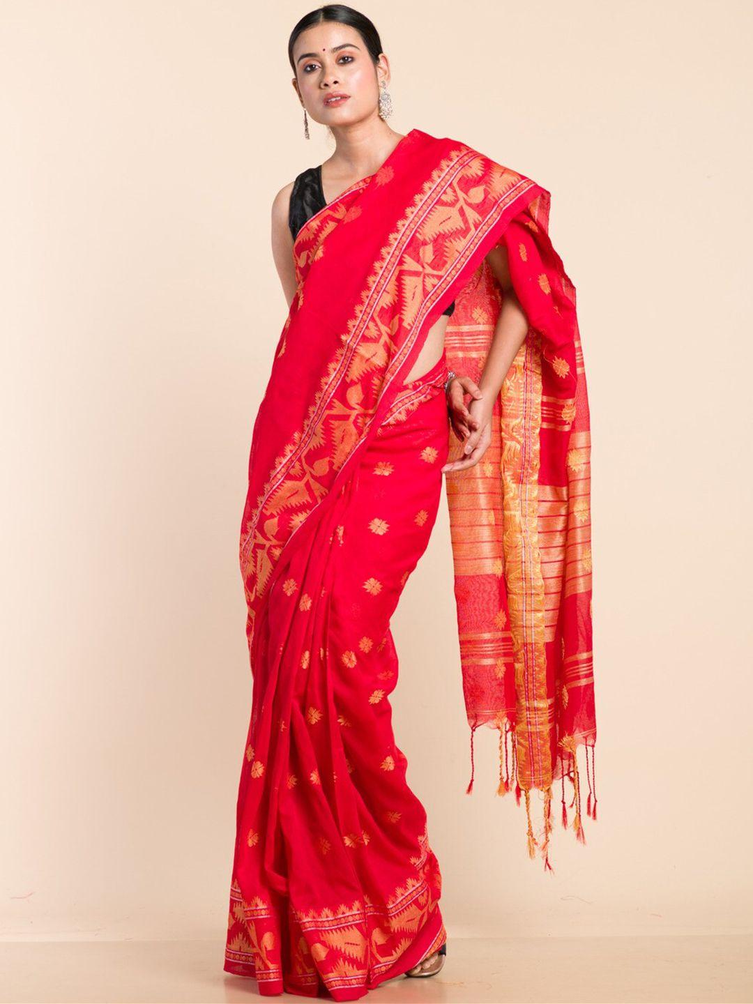 here&now red & gold-toned woven design zari jamdani saree
