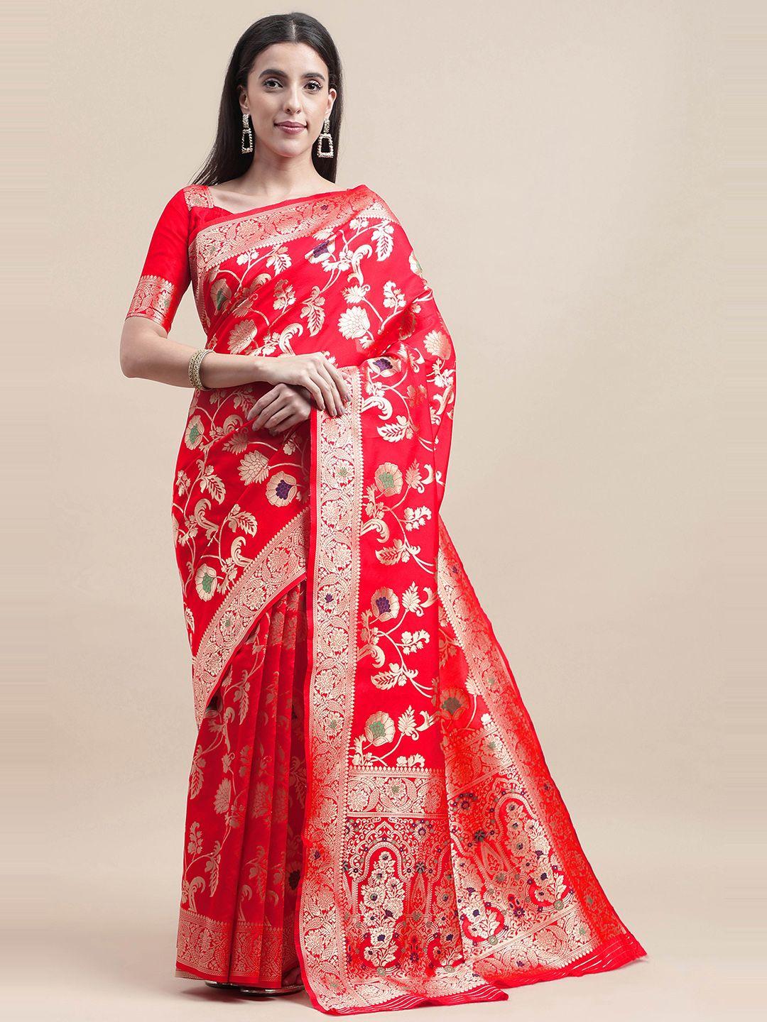 here&now red & gold-toned woven design zari silk blend kanjeevaram saree