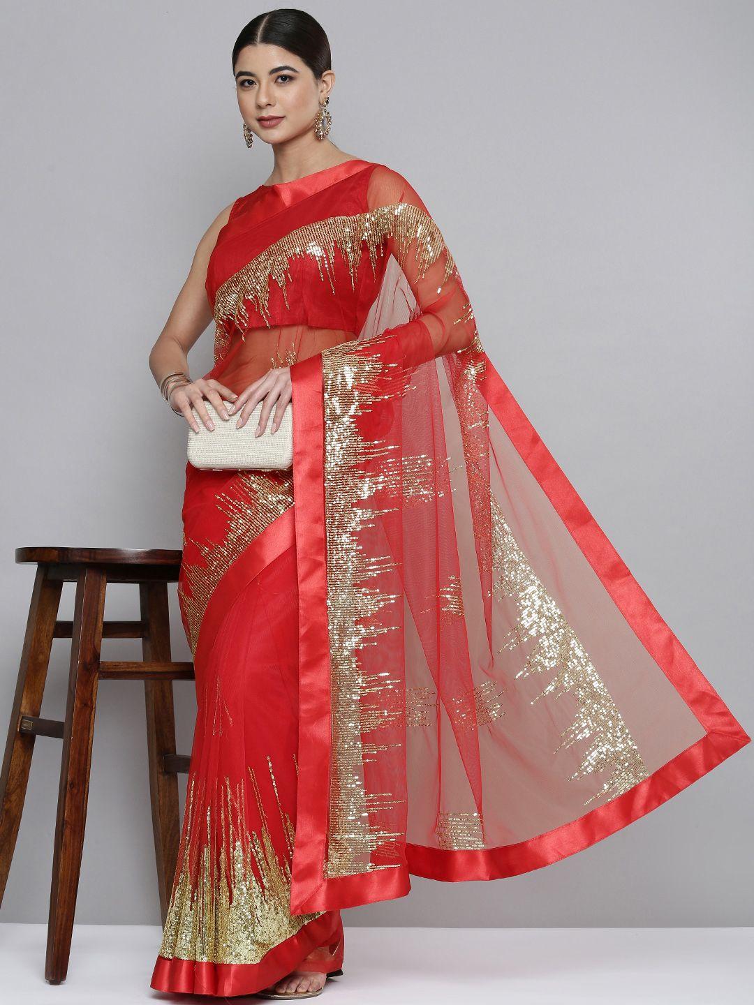 here&now red & golden sequinned net saree