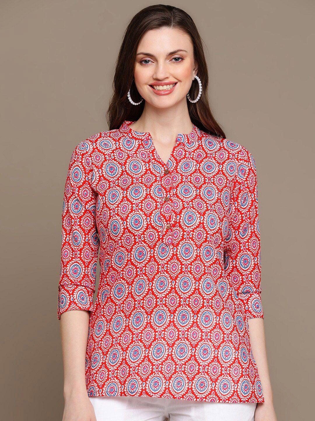 here&now red & white ethnic motif printed pure cotton kurti