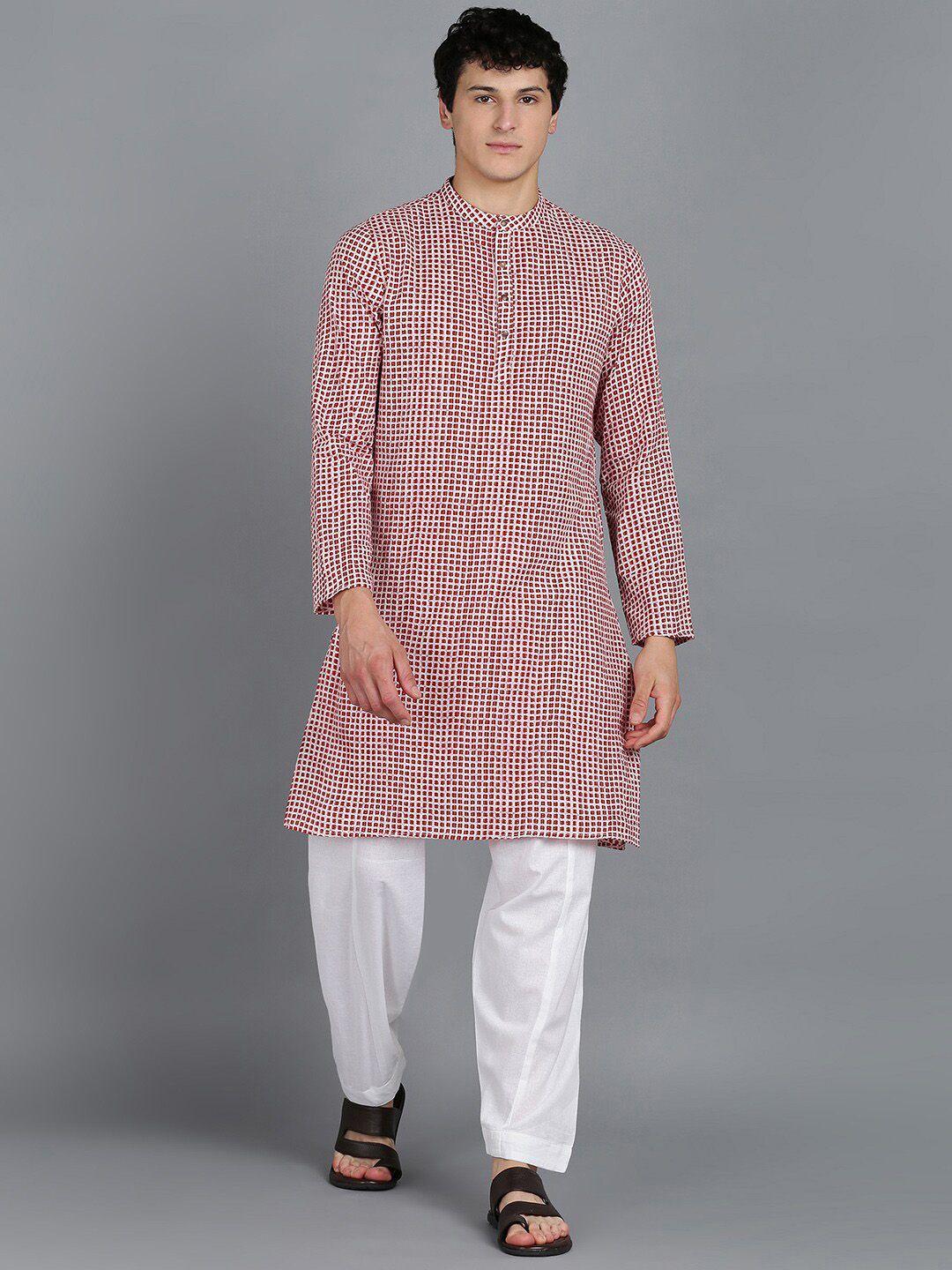 here&now red & white printed band collar pure cotton kurta with pyjamas