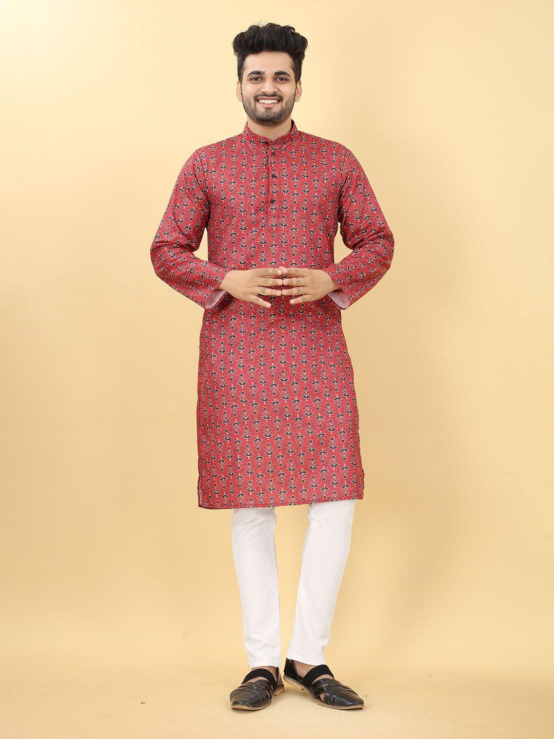 here&now red ethnic motifs printed band collar pure cotton straight kurta