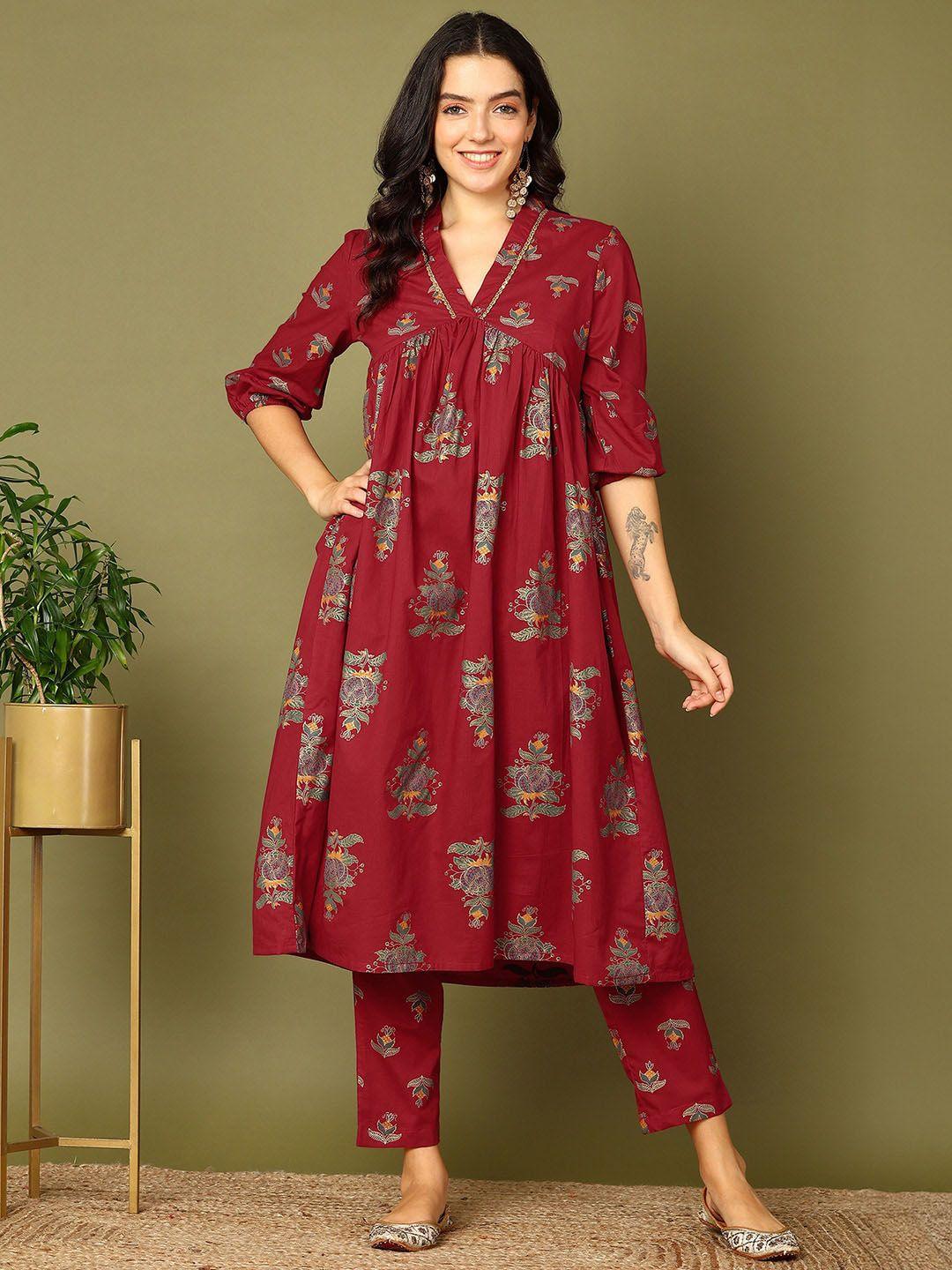 here&now red ethnic motifs printed empire pure cotton kurta with trousers