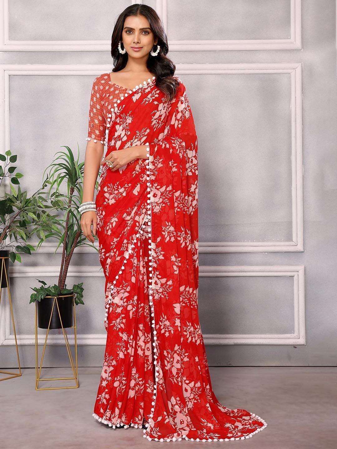 here&now red floral pure chiffon designer saree