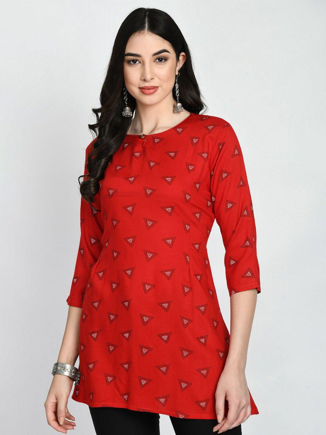 here&now red keyhole neck geometric printed kurti