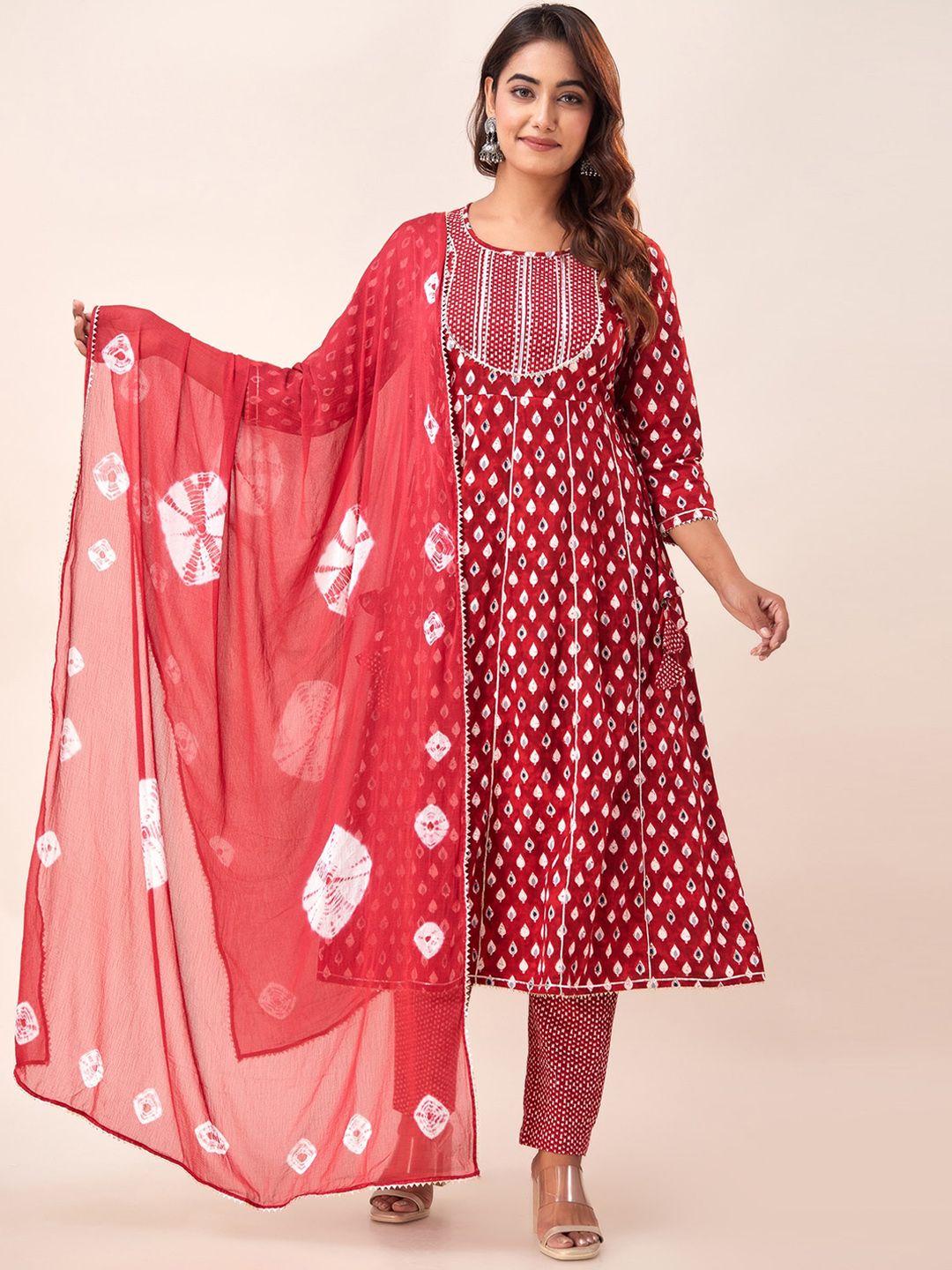 here&now red printed empire gotta patti pure cotton kurta with trousers &  dupatta