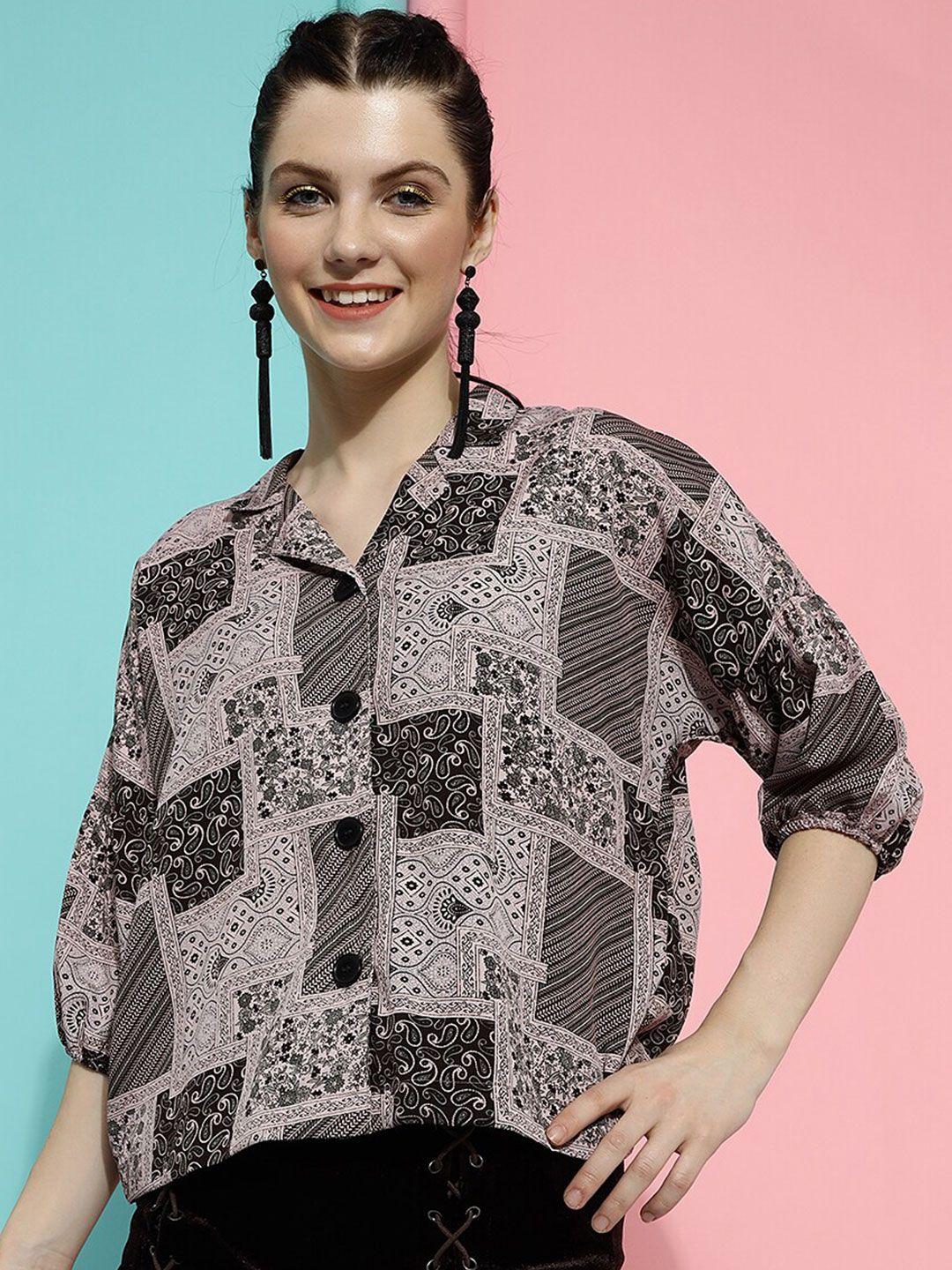 here&now relaxed fit ethnic motifs printed puff sleeves casual shirt