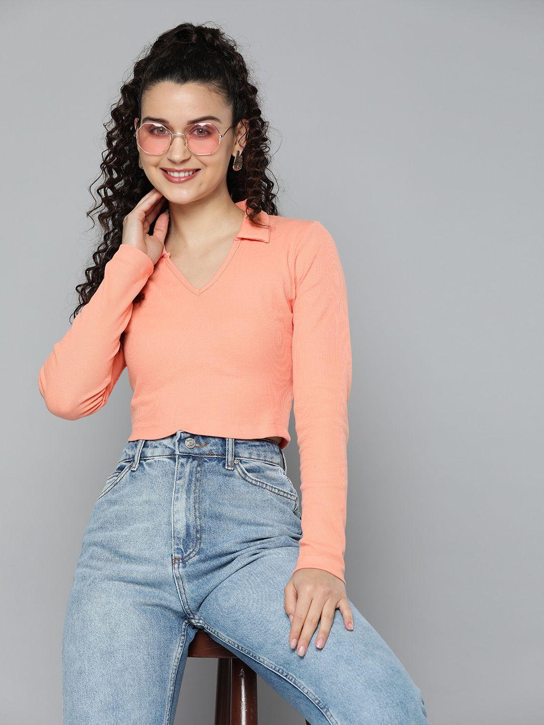 here&now ribbed shirt collar fitted crop top