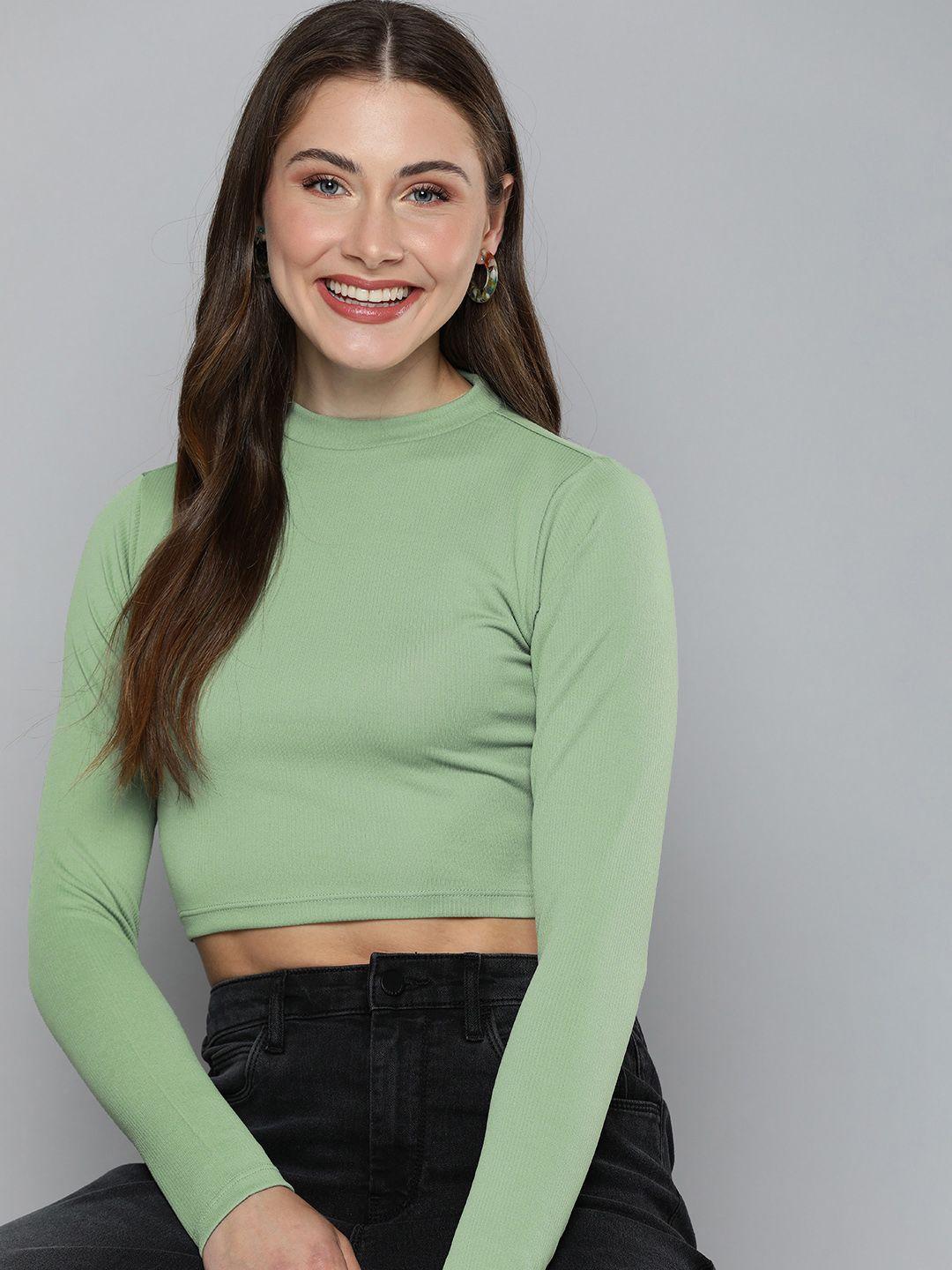 here&now ribbed solid round neck long sleeves crop top