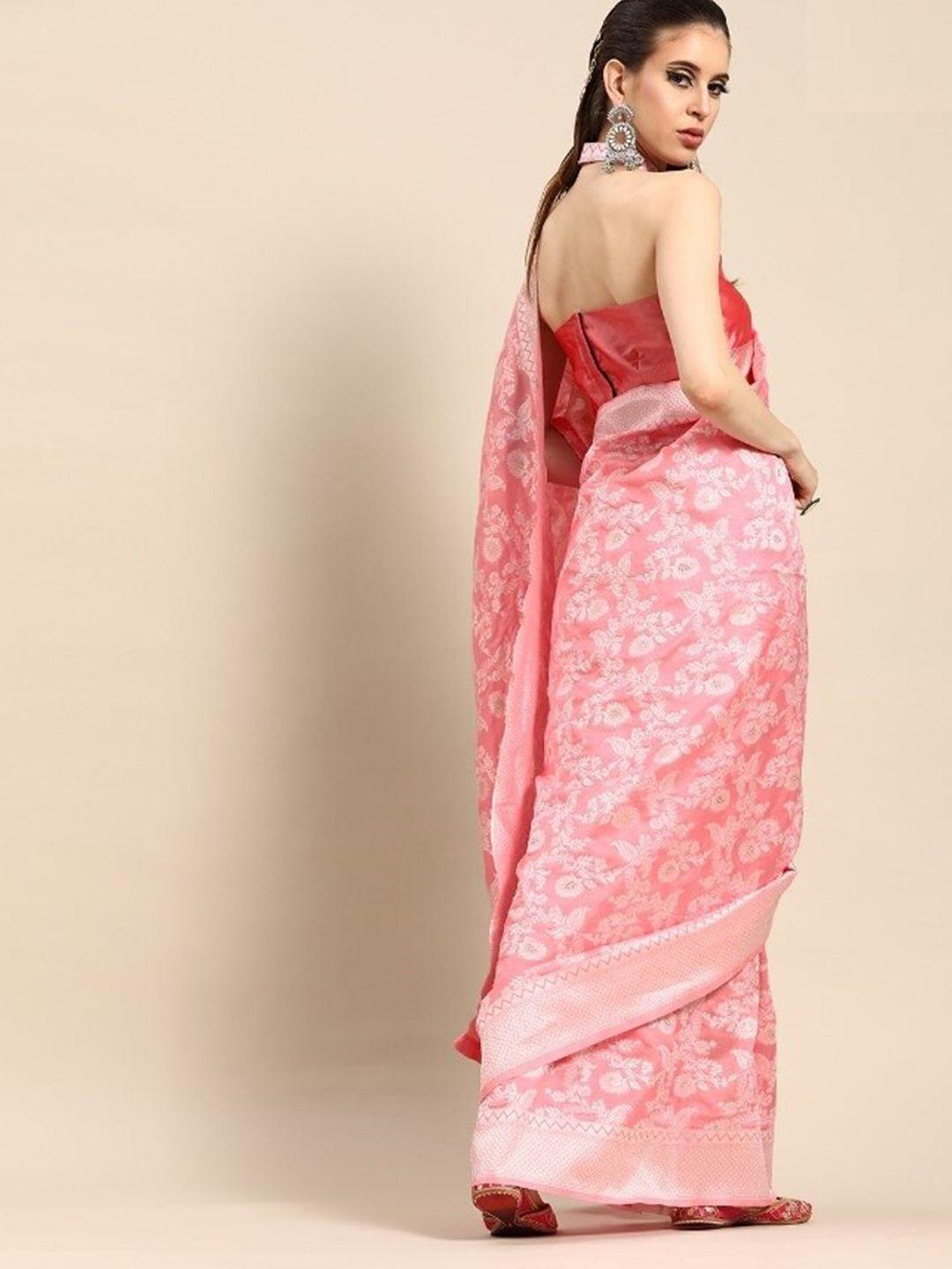 here&now rose & white woven design zari pure silk saree