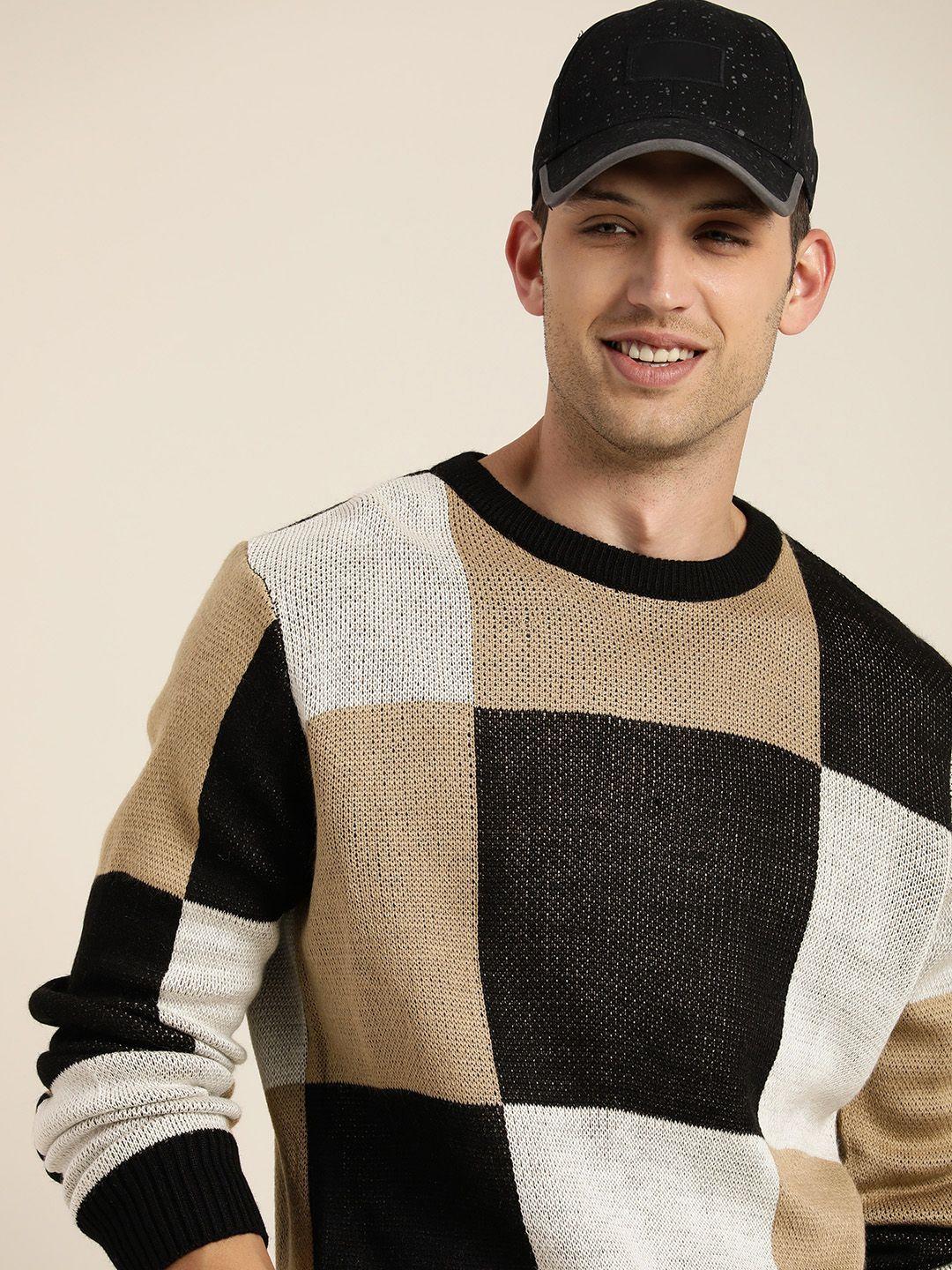 here&now round neck self-design checked pullover