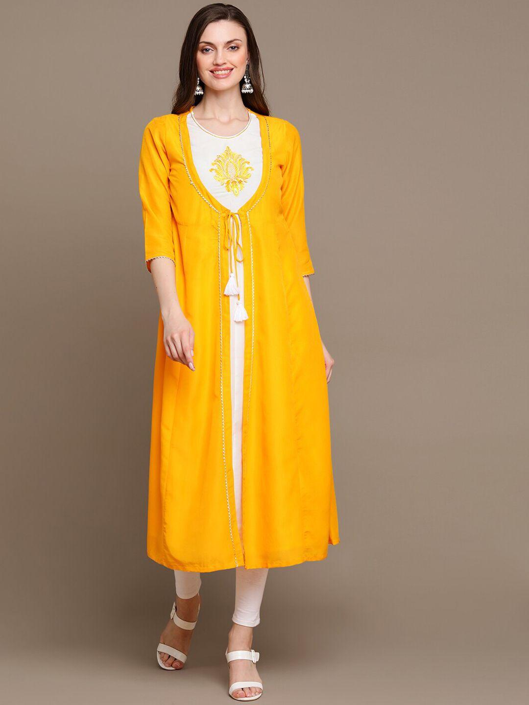 here&now round neck thread work gotta patti layered pure cotton a-line kurta