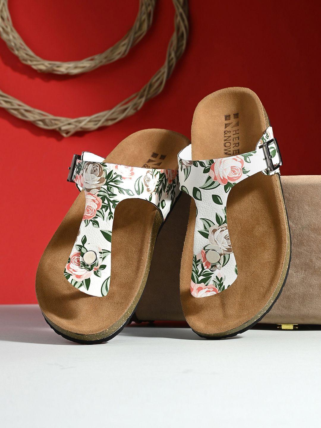 here&now sea green & brown printed t-strap flats with buckles detail