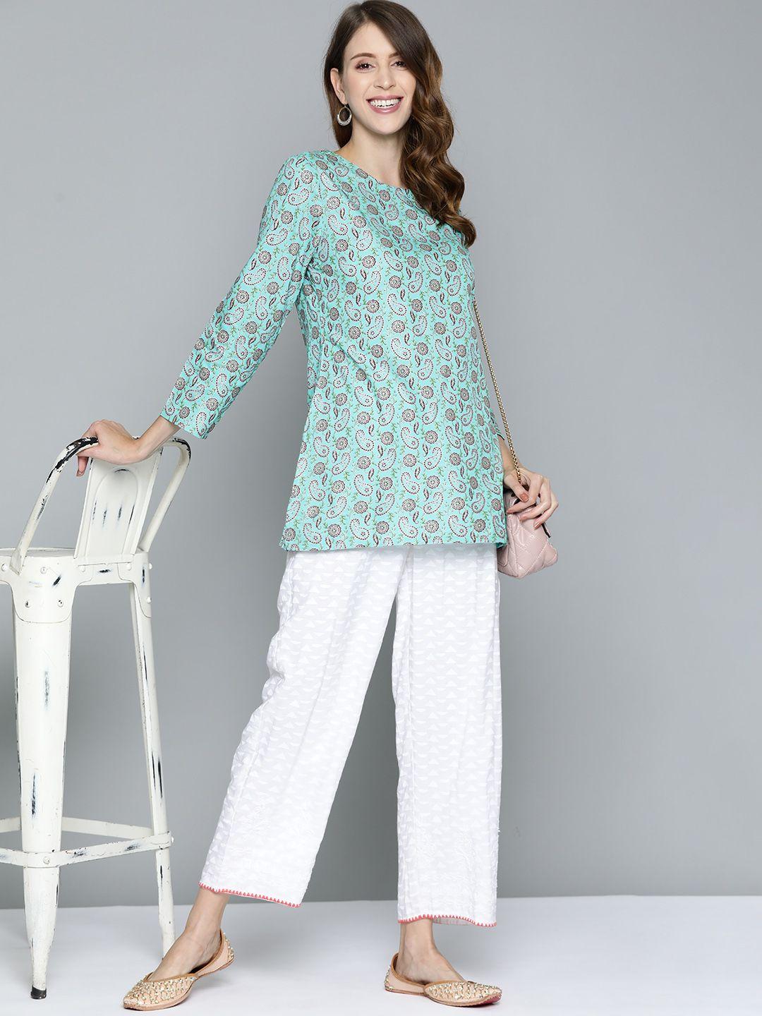 here&now sea green & maroon ethnic motifs print straight kurti