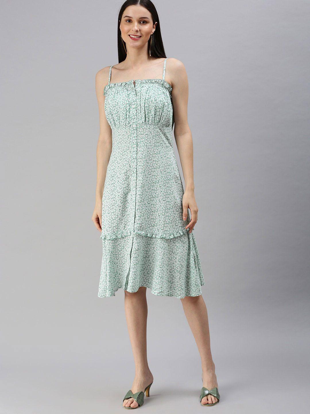 here&now sea green & white floral printed sleeveless ruffled a-line dress