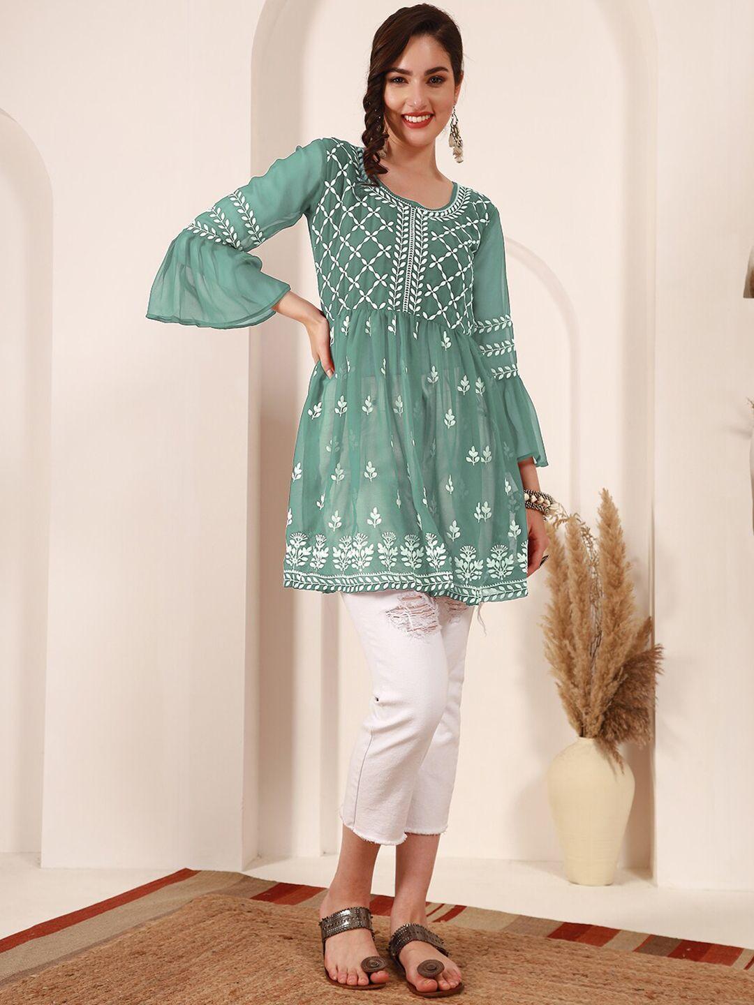 here&now sea green floral embroidered round neck bell sleeves a-line kurti