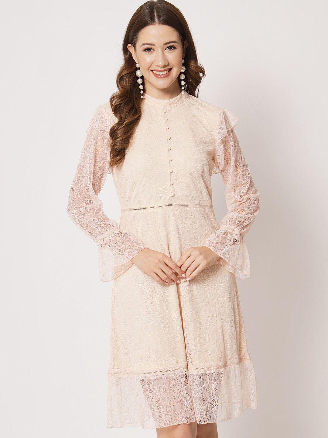 here&now self design high neck long sleeves lace a-line dress