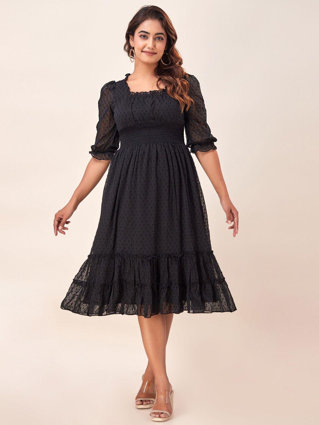 here&now self design square neck puff sleeves tiered & smocking fit and flare midi dress