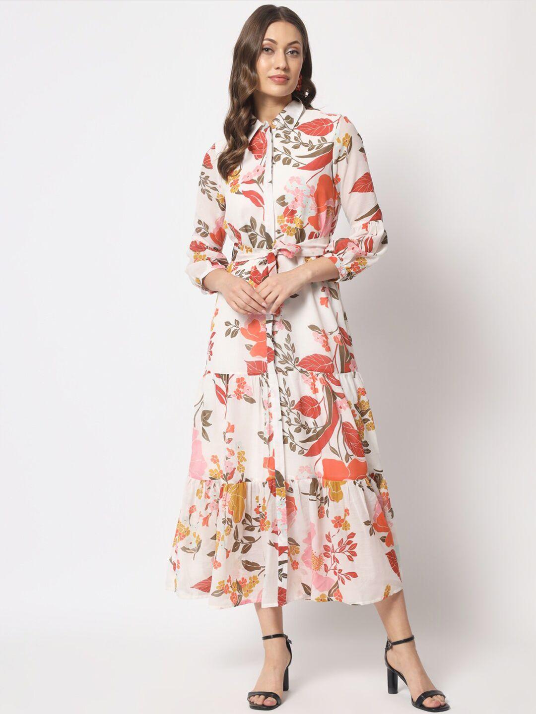 here&now shirt collar floral printed tiered fit and flare dress with belt