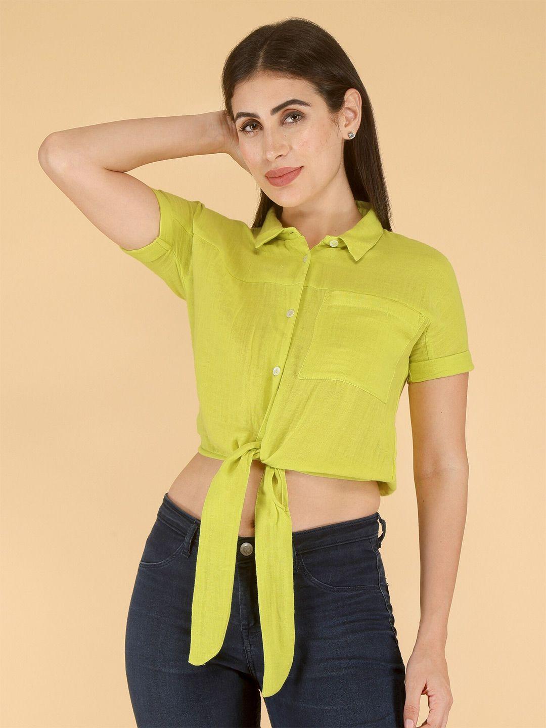 here&now shirt collar waist tie-up cotton shirt style crop top