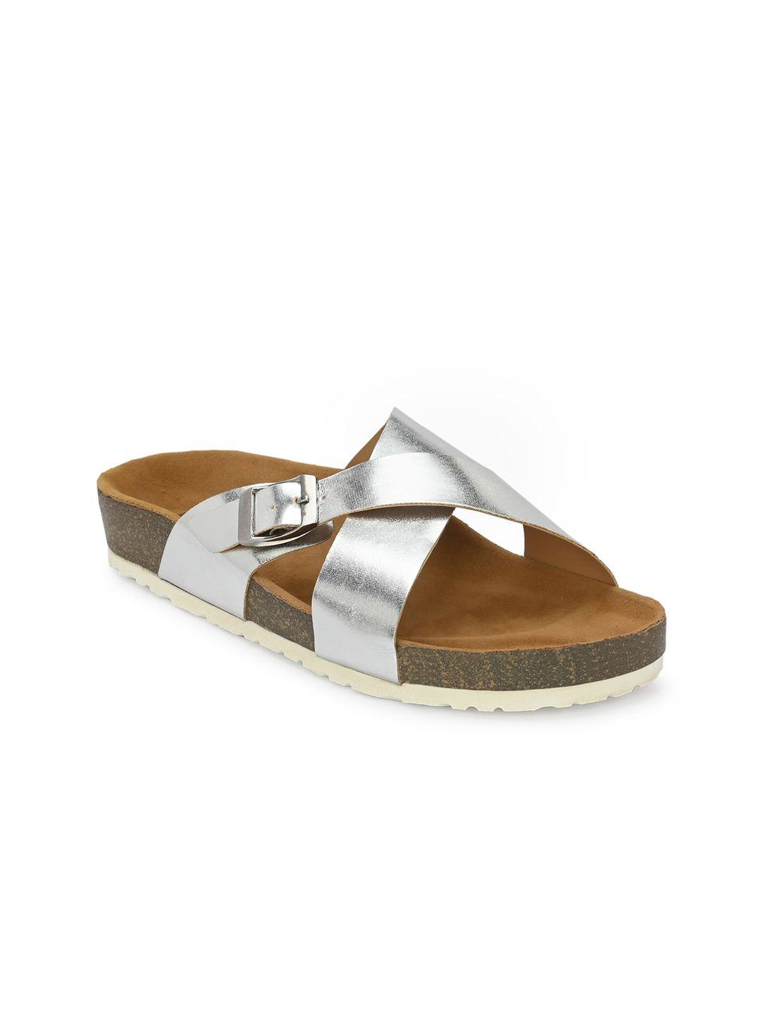here&now silver-toned & brown buckle detail cross strap open toe flats