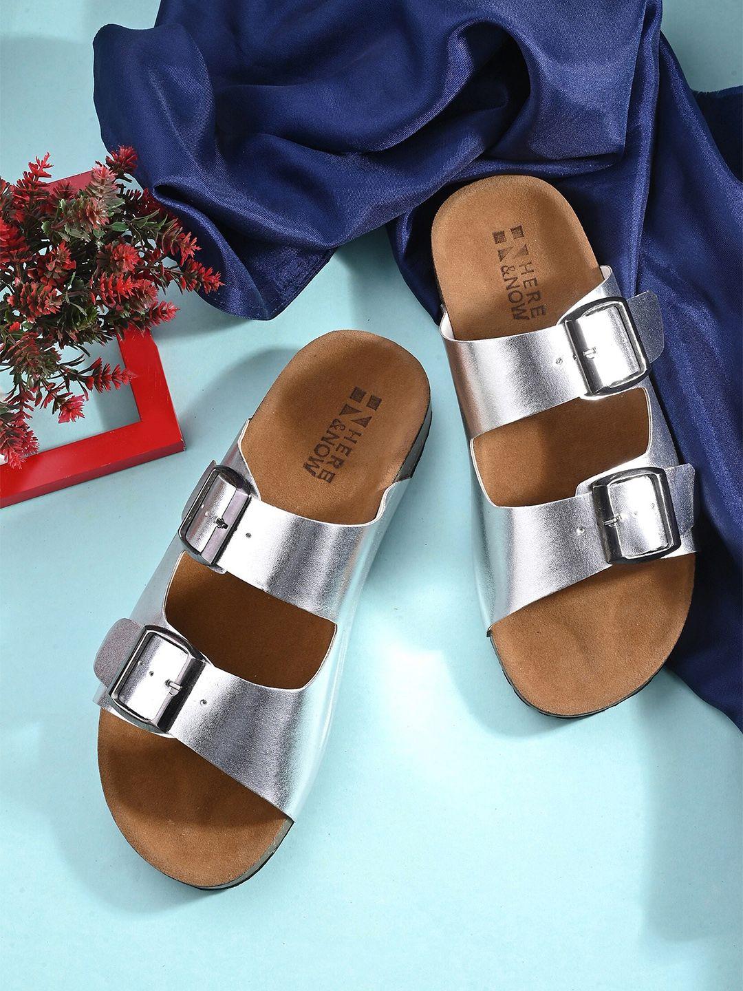 here&now silver-toned buckled open toe flats