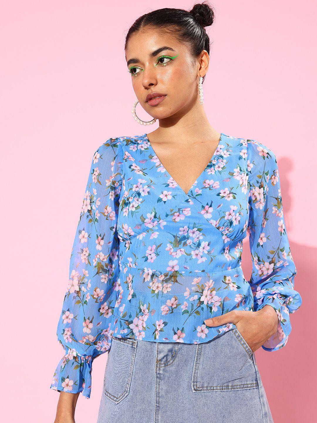 here&now sky blue bell sleeve romance ramble meadow flora peplum top