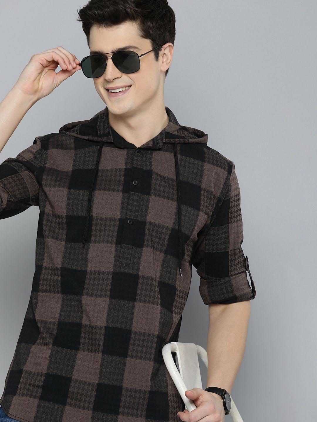 here&now slim fit buffalo checked hooded casual shirt