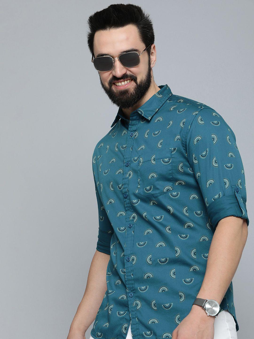 here&now slim fit ethnic motifs printed pure cotton casual shirt