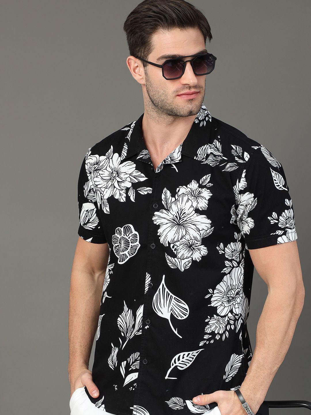 here&now slim fit floral printed cotton casual shirt