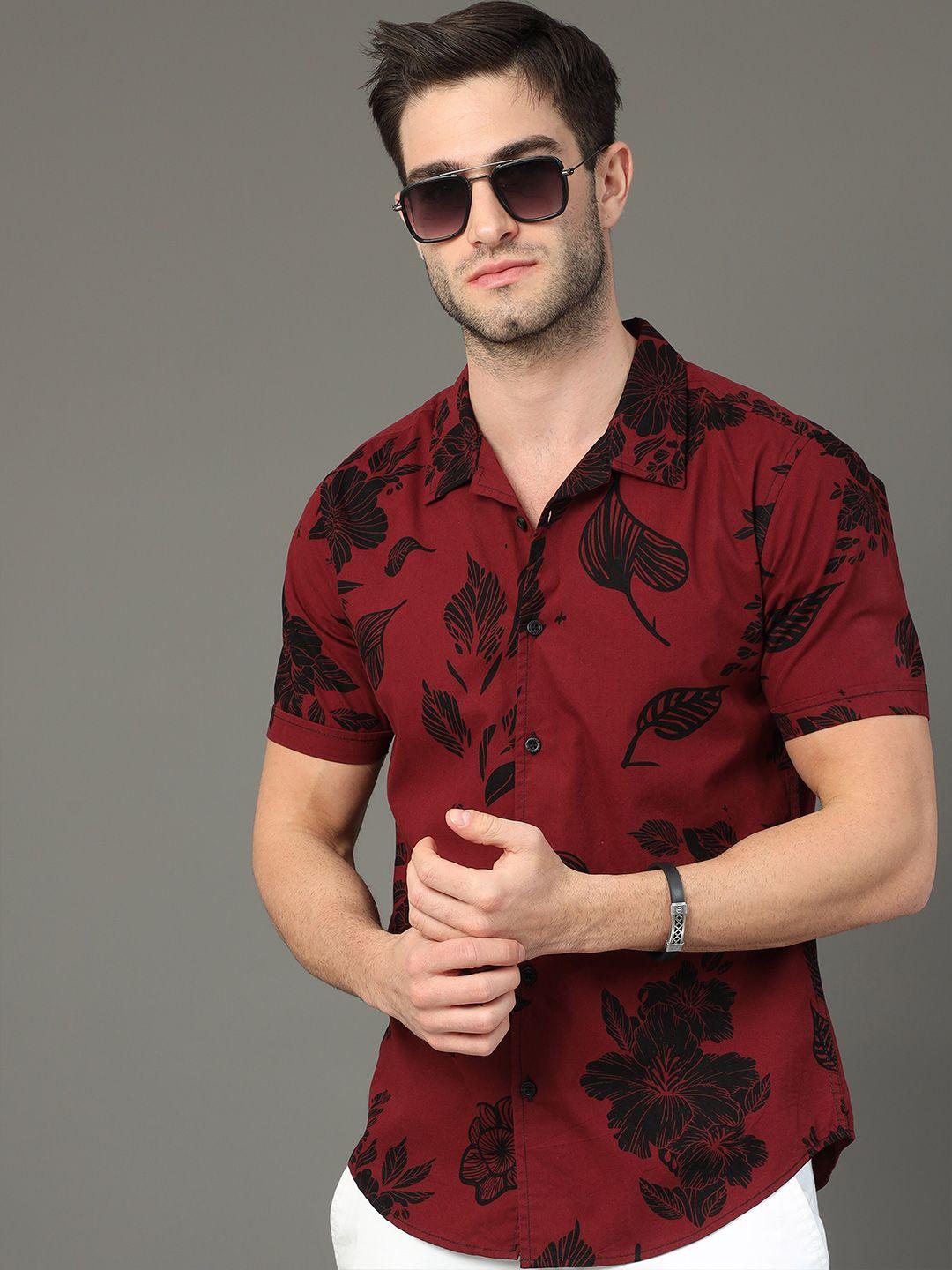 here&now slim fit floral printed cuban collar cotton casual shirt
