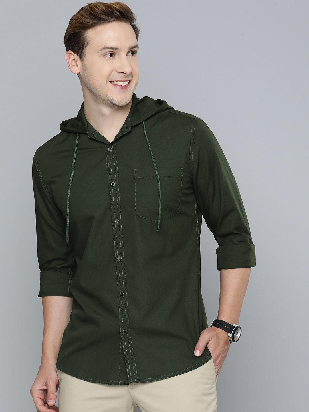 here&now slim fit pure cotton hooded casual shirt