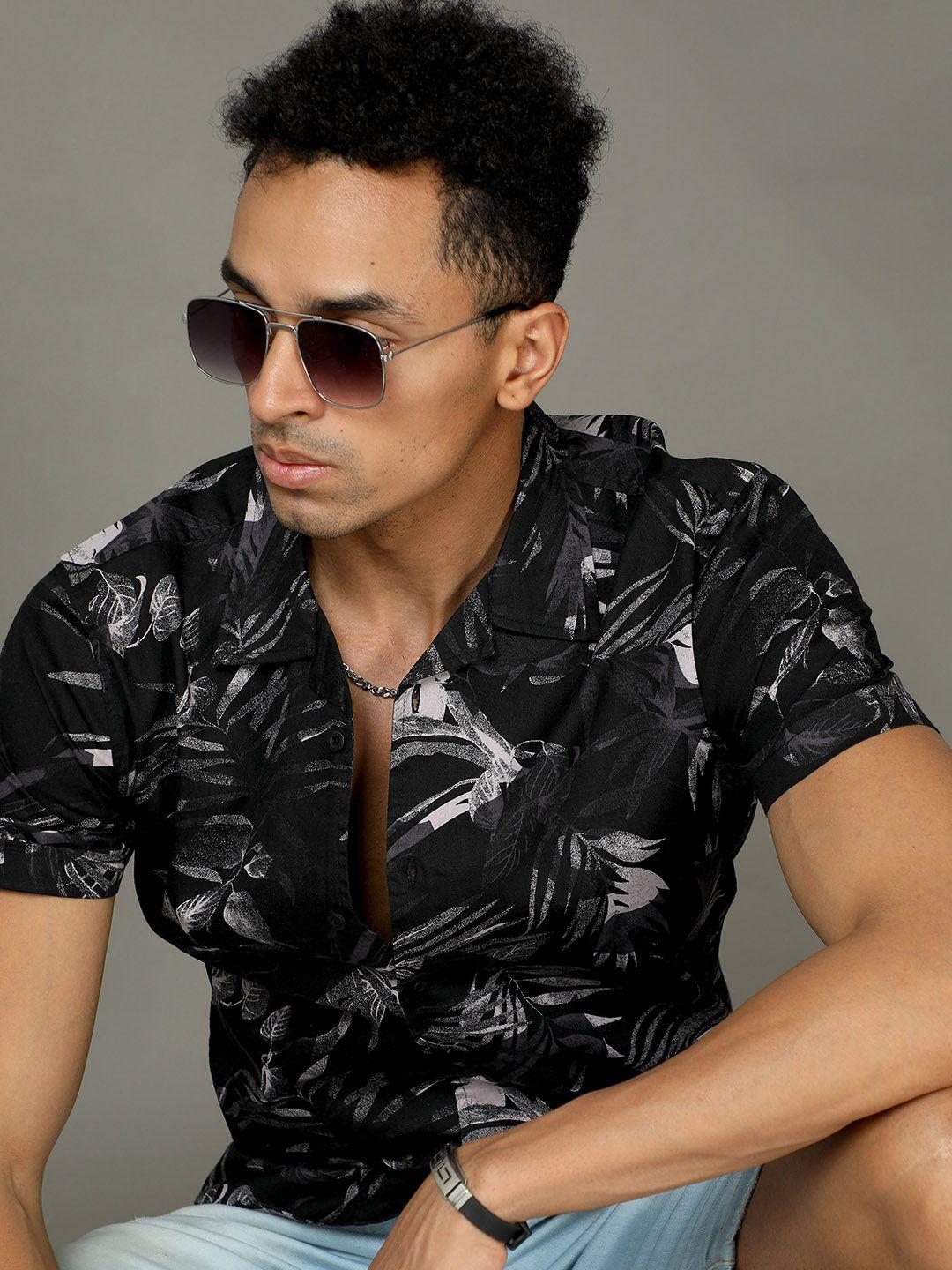 here&now slim fit tropical printed cotton casual shirt