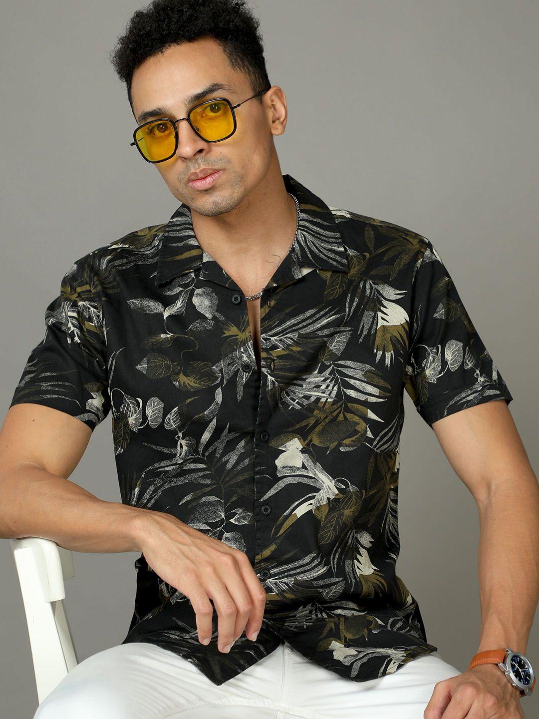 here&now slim fit tropical printed cotton casual shirt